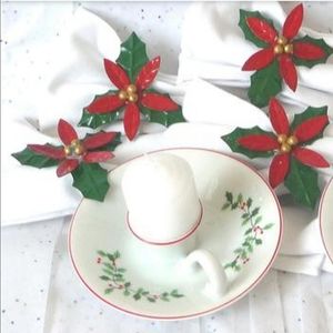 Christmas Candlestick Holders Ceramic Holly Berry Poinsettia Metal Napkin Rings